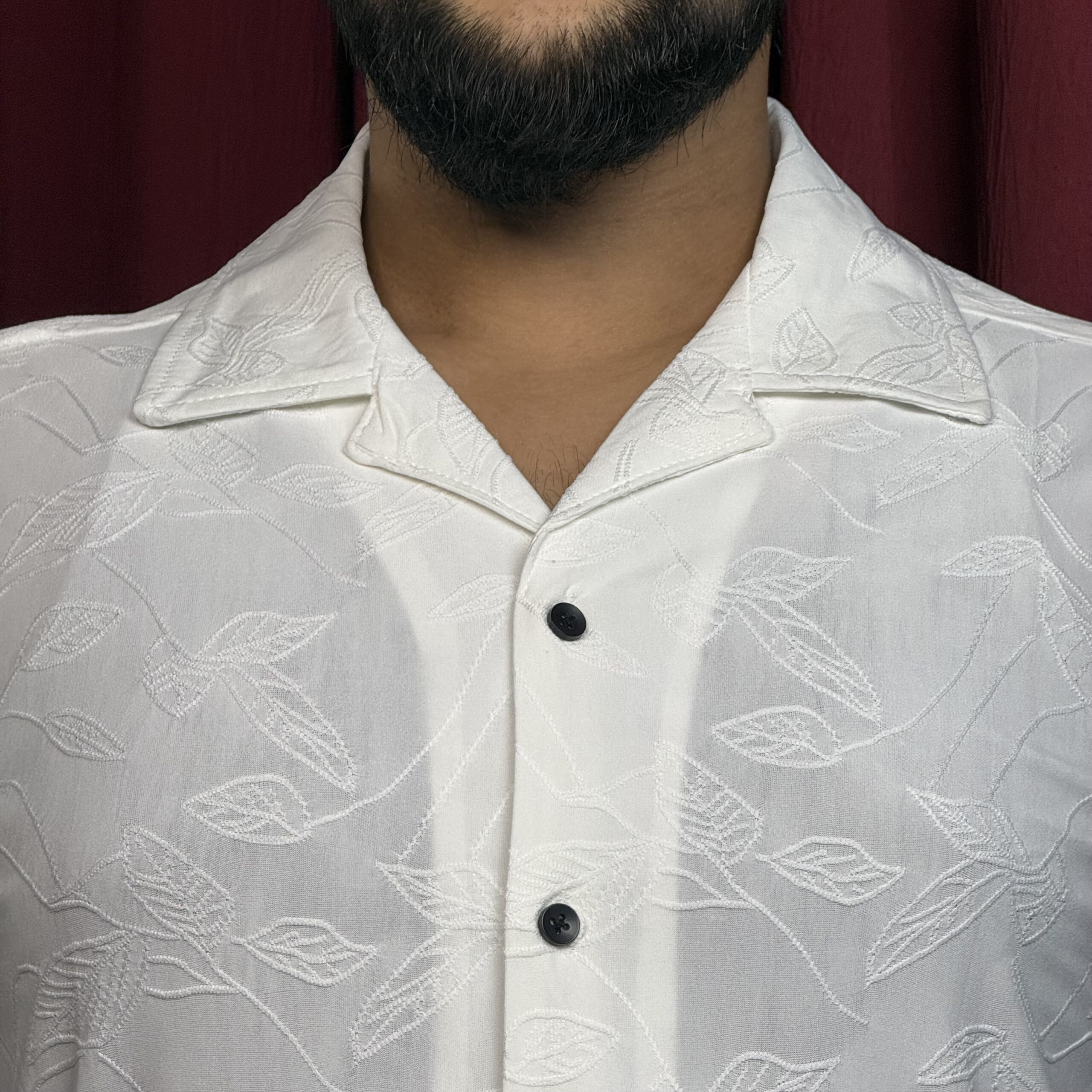 Royal Cubon Collar Knit Leaf Design Half Sleeve For Men Cream - Image 2