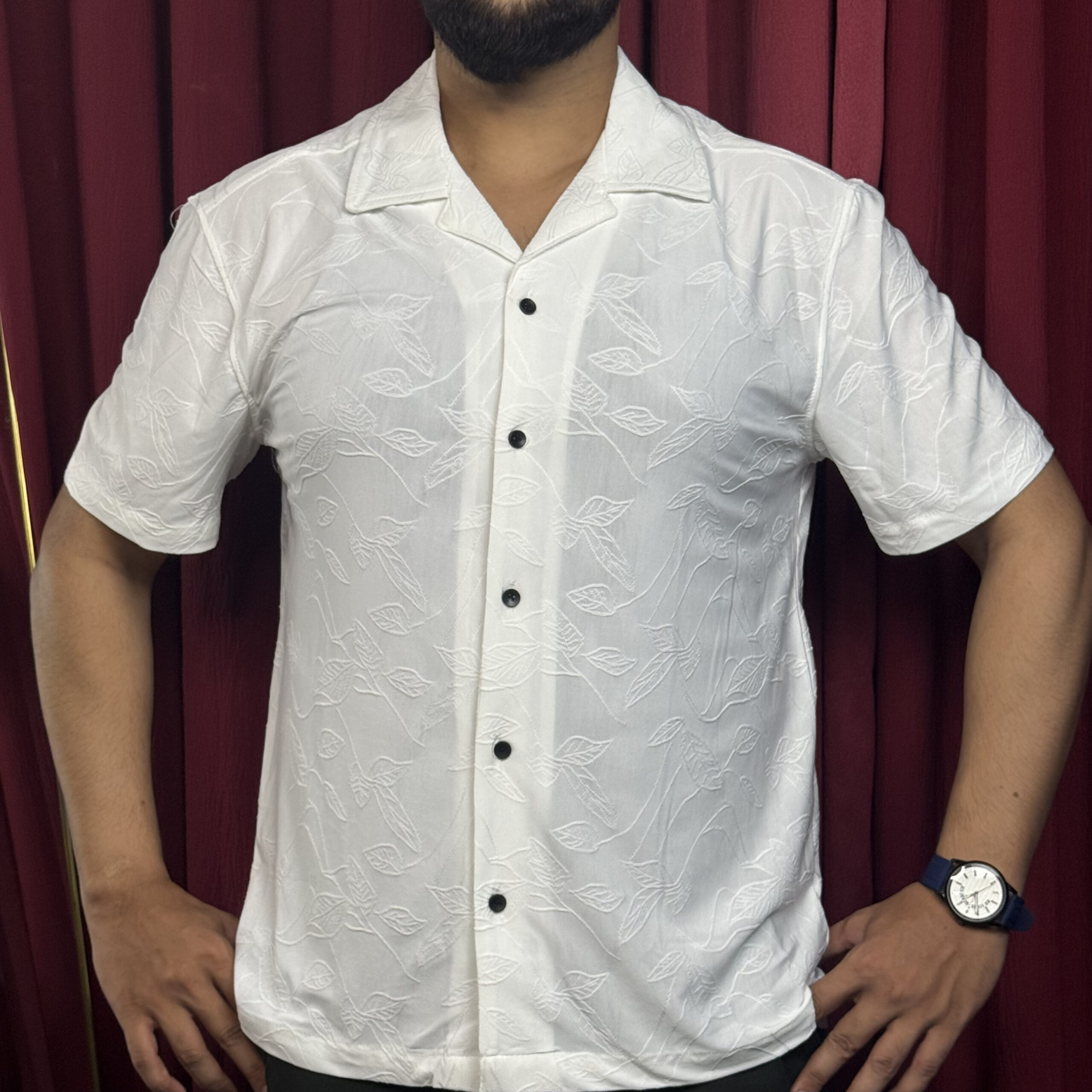 Royal Cubon Collar Knit Leaf Design Half Sleeve For Men Cream - Image 4