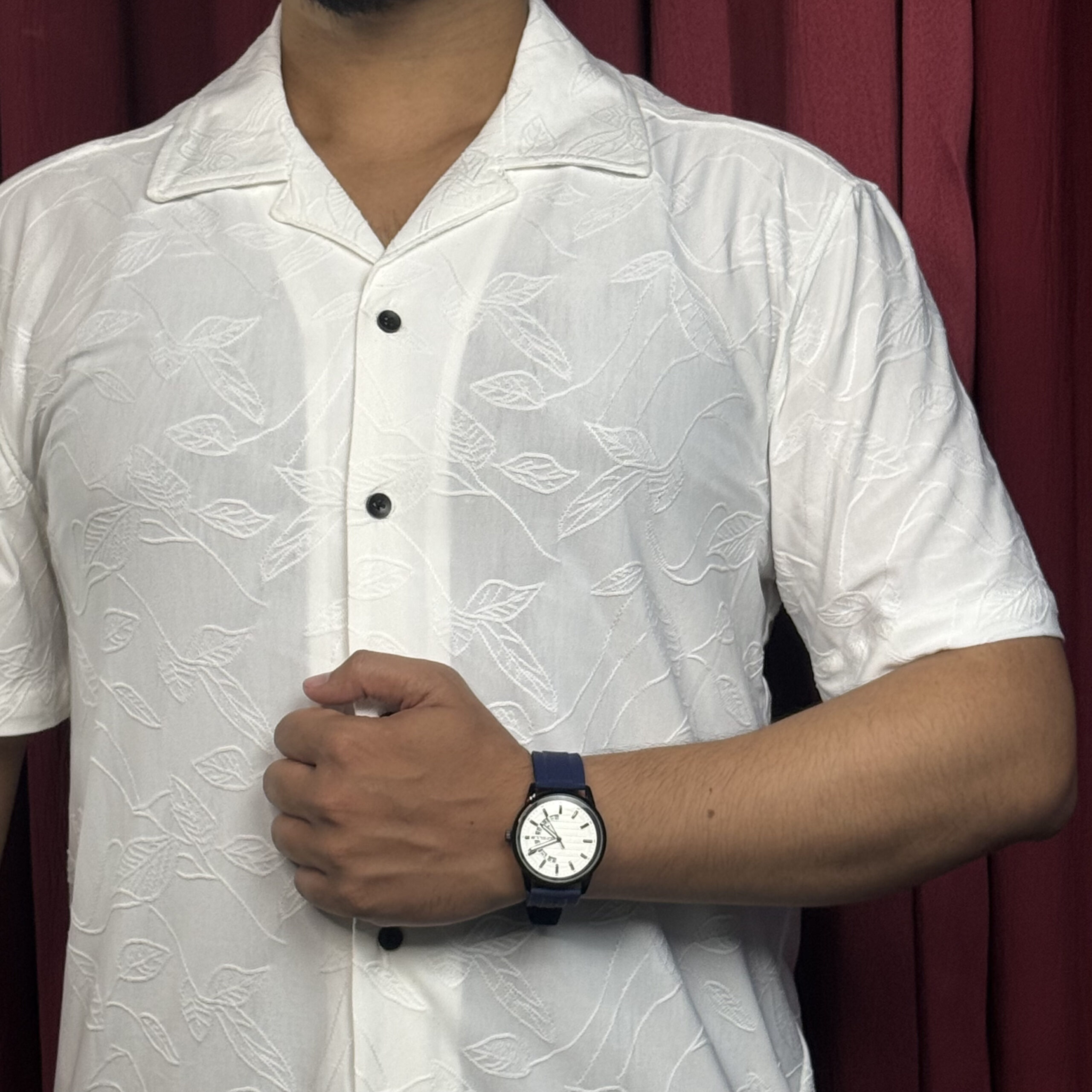 Royal Cubon Collar Knit Leaf Design Half Sleeve For Men Cream