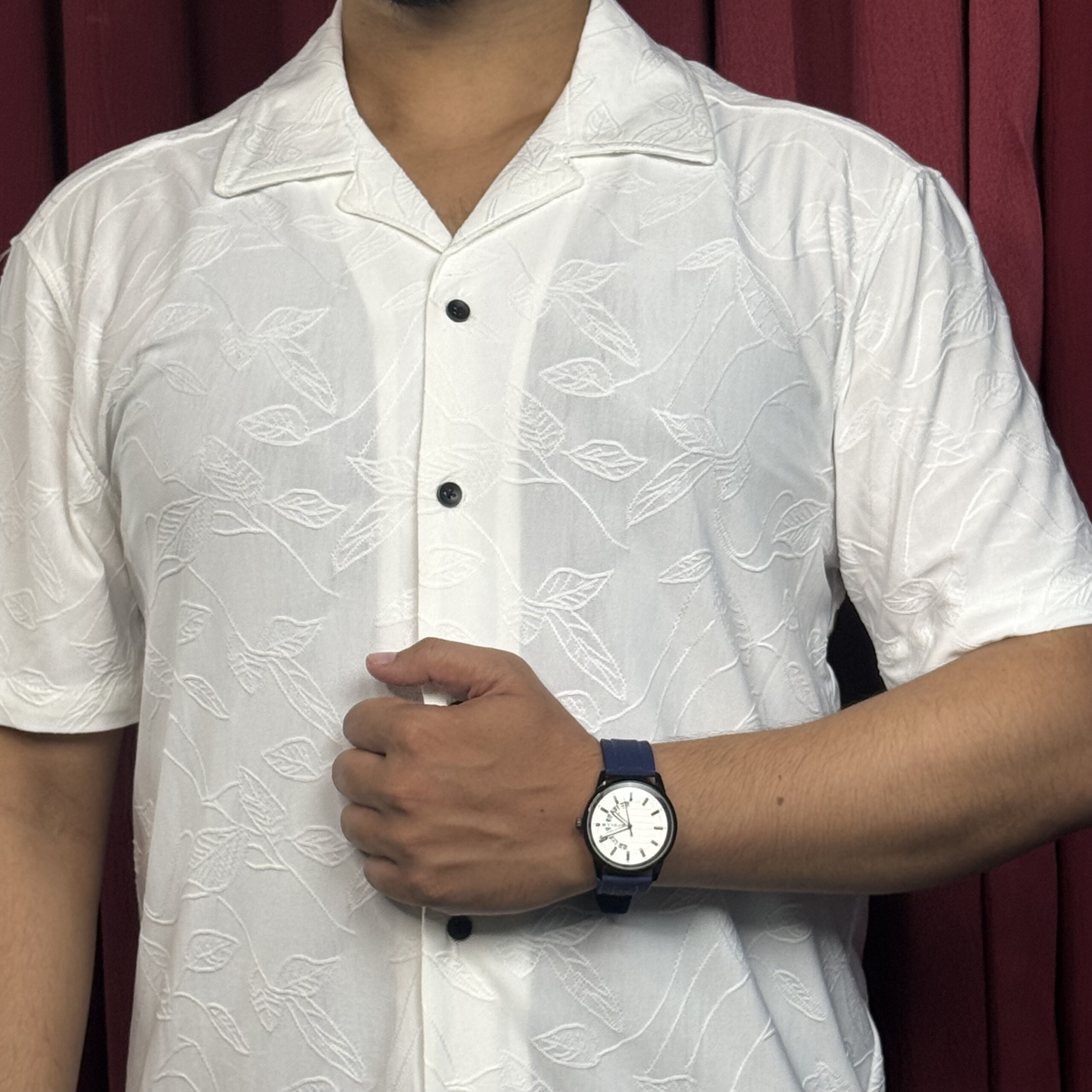 Royal Cubon Collar Knit Leaf Design Half Sleeve For Men White