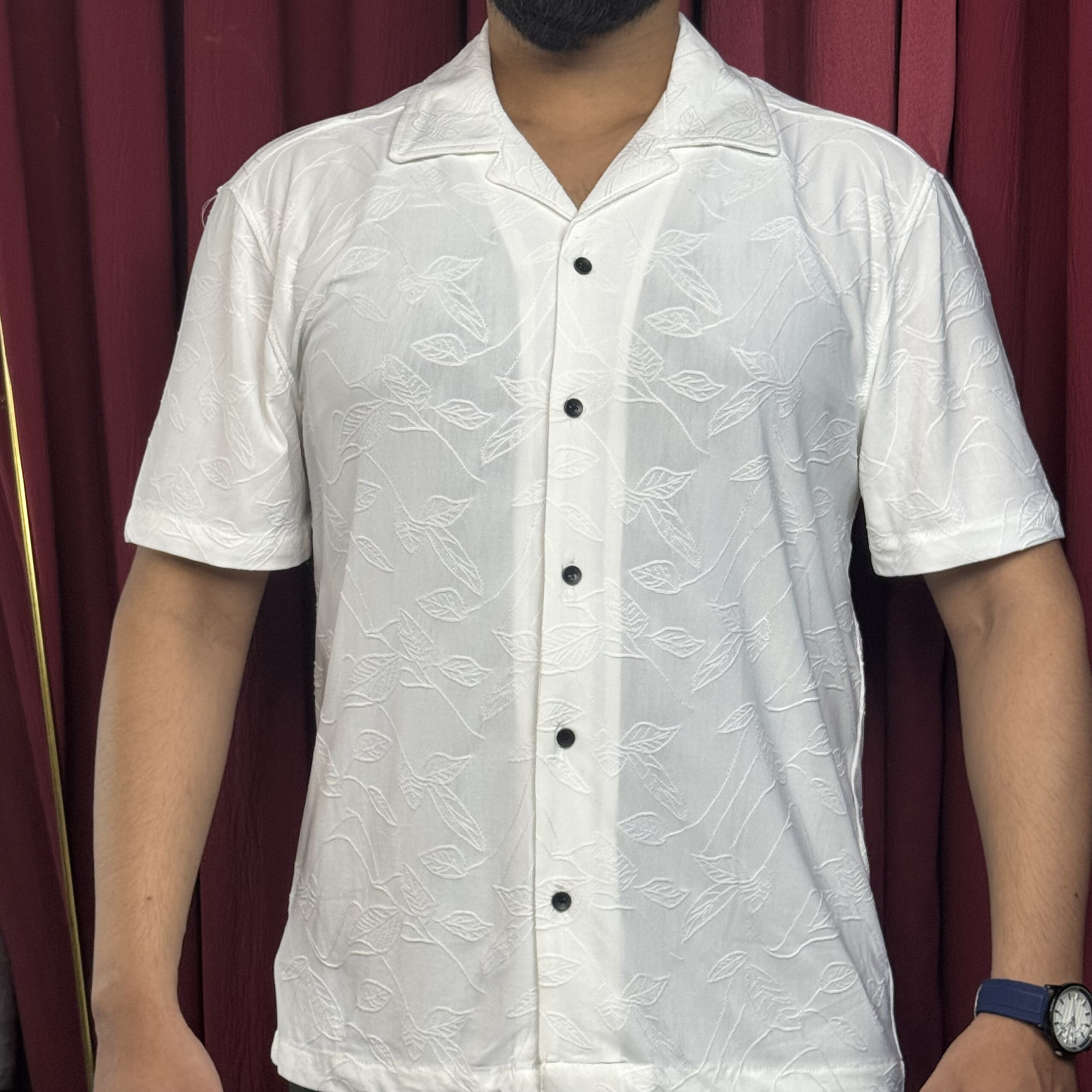 Royal Cubon Collar Knit Leaf Design Half Sleeve For Men White - Image 2