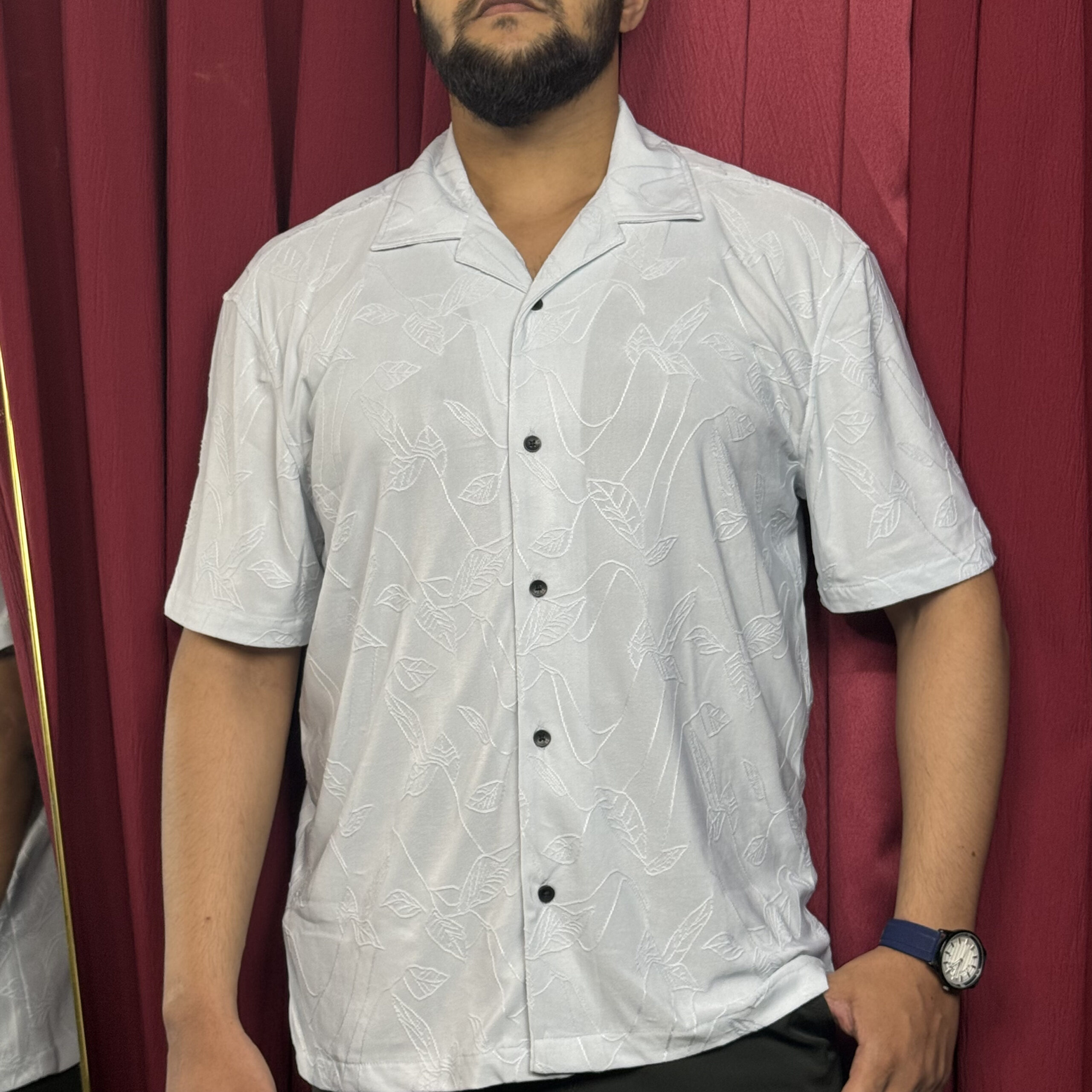 Royal Cubon Collar Knit Leaf Design Half Sleeve For Men Ice Blue - Image 3