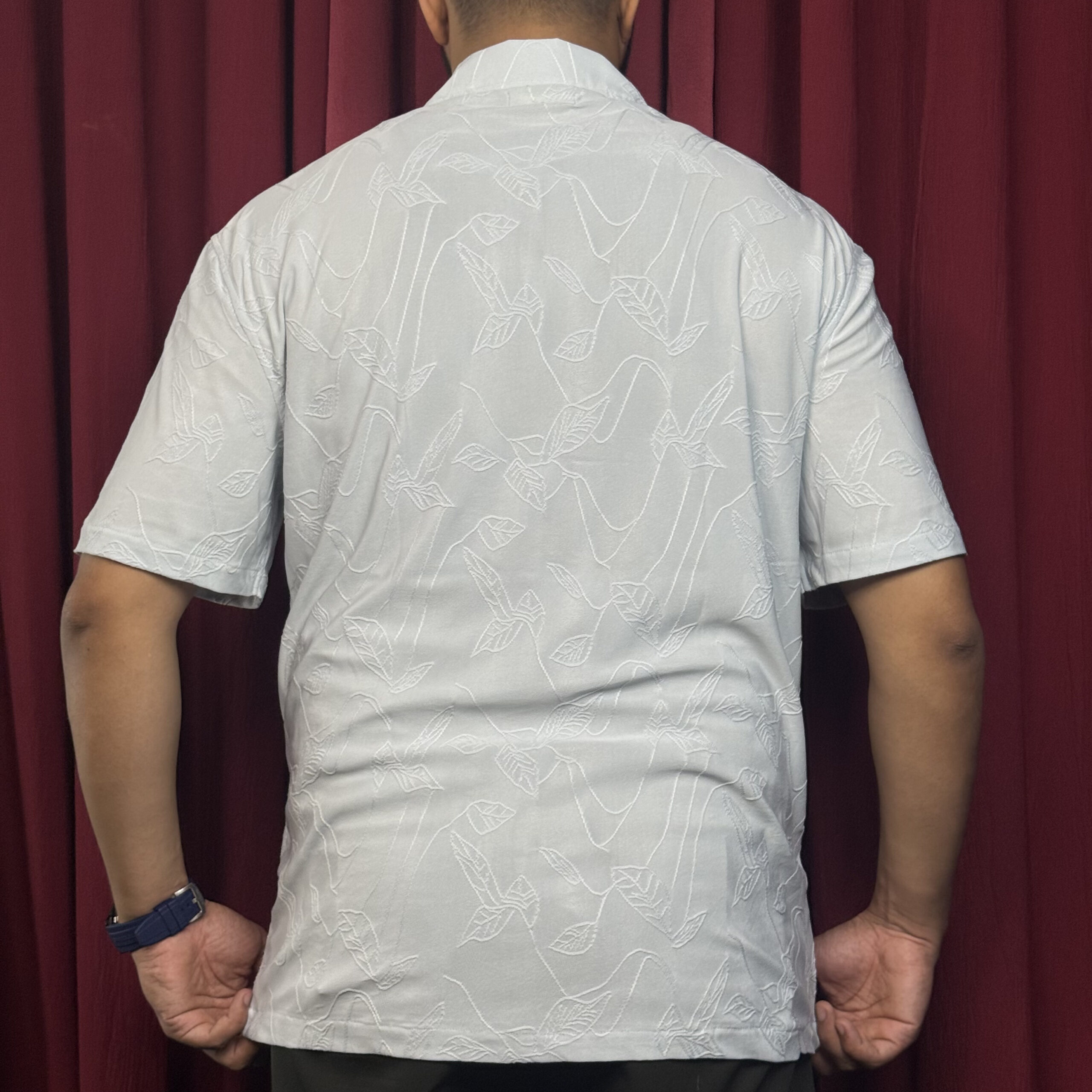 Royal Cubon Collar Knit Leaf Design Half Sleeve For Men Ice Blue - Image 2