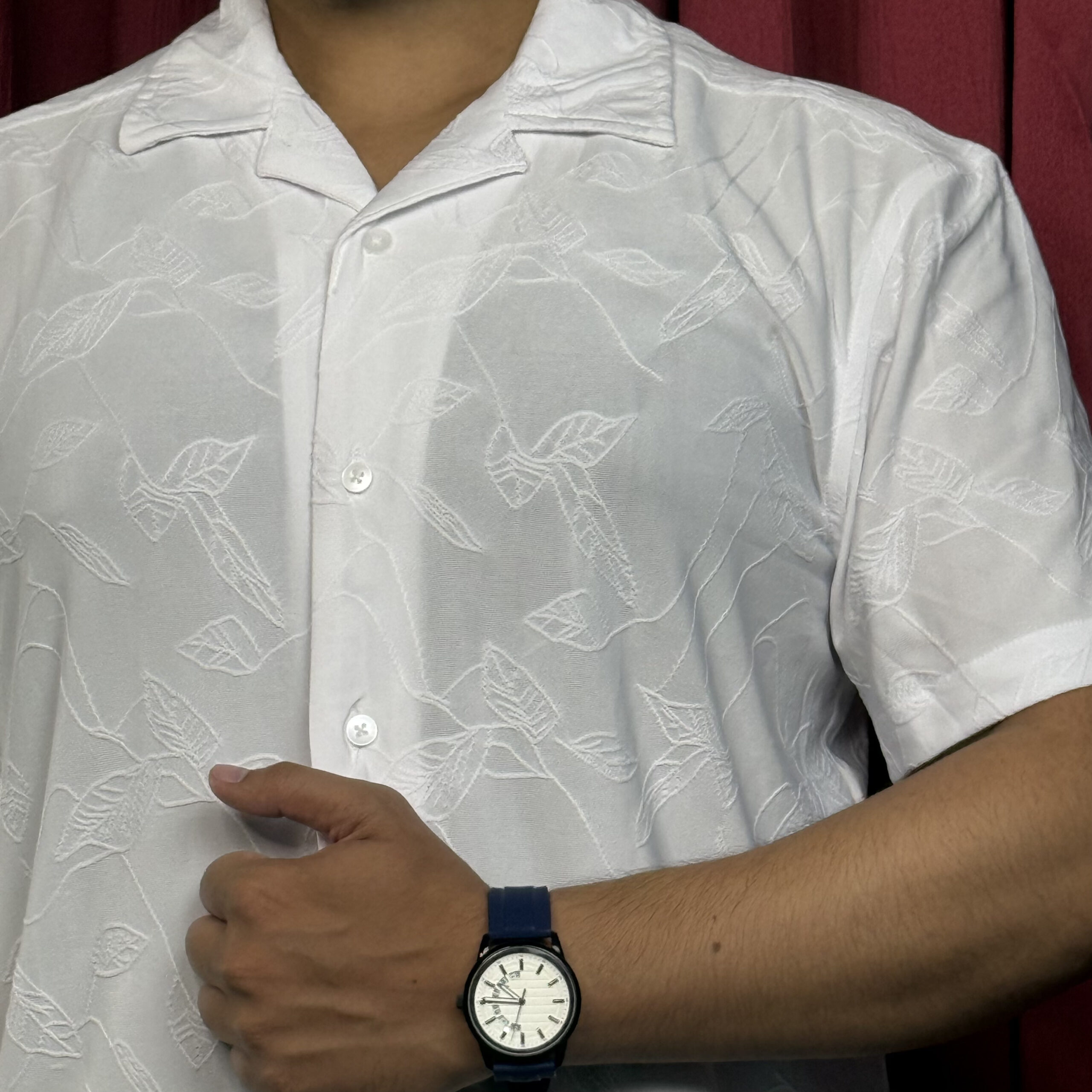 Royal Cubon Collar Knit Leaf Design Half Sleeve For Men White - Image 4