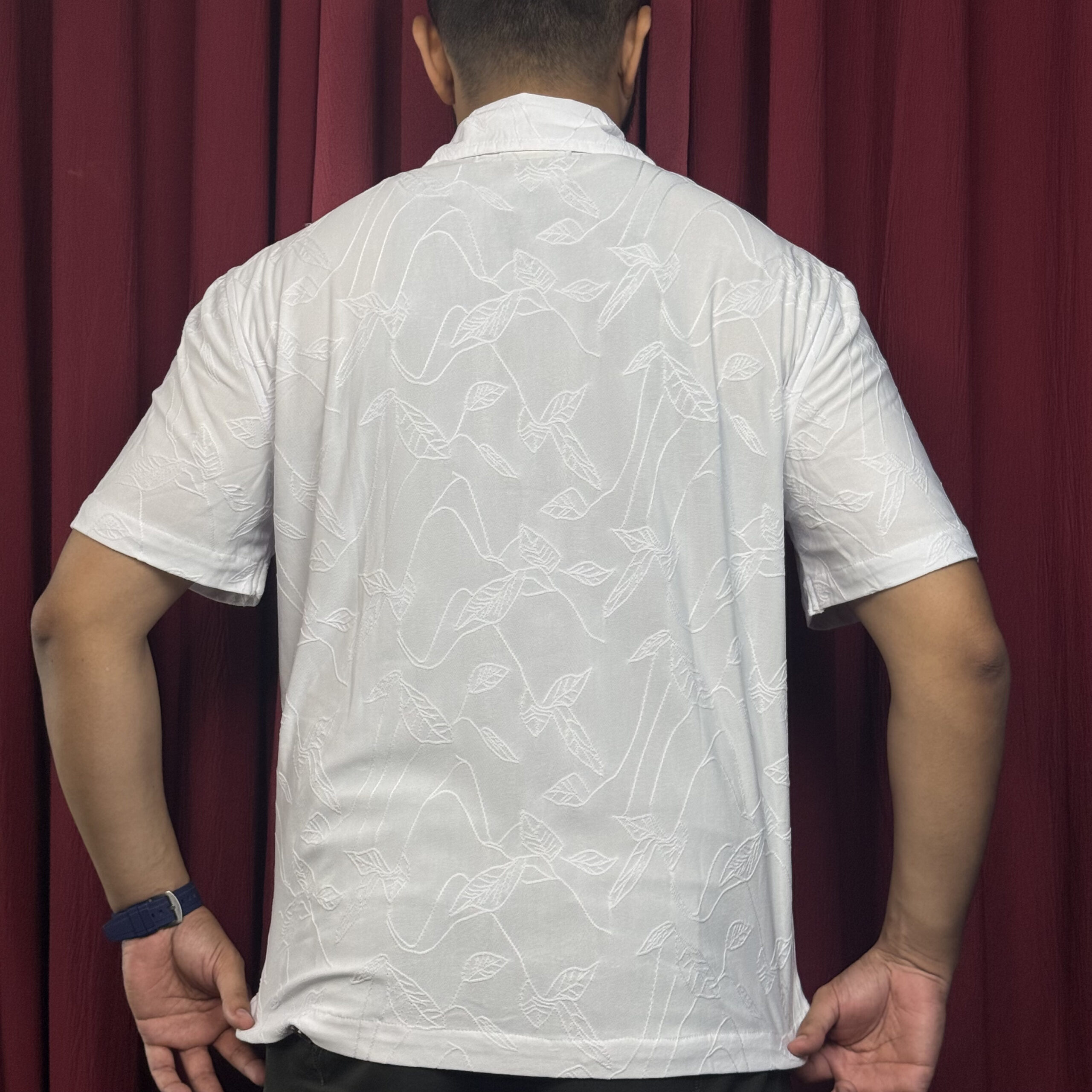 Royal Cubon Collar Knit Leaf Design Half Sleeve For Men White - Image 5