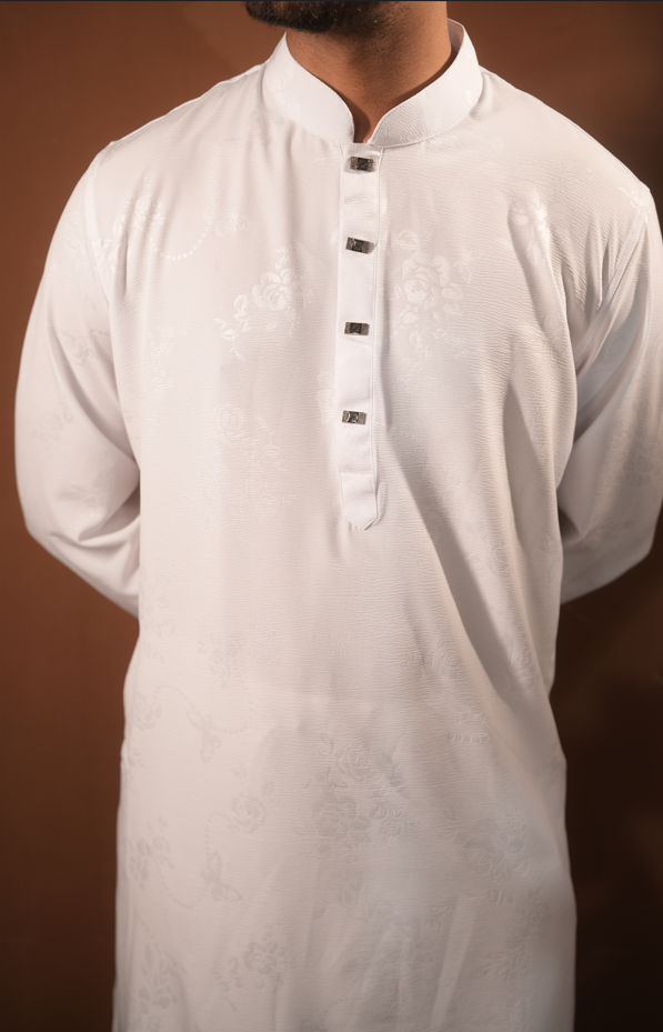 Flower Design Luxury Panjabi – Eid-ul-Fitr Collection White - Image 2